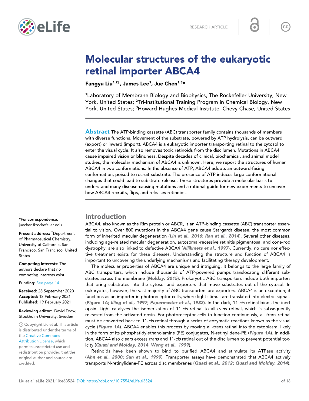 Molecular Structures of the Eukaryotic Retinal Importer ABCA4 Fangyu Liu1,2†, James Lee1, Jue Chen1,3*