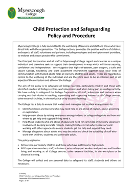 Child Protection and Safeguarding Policy and Procedure
