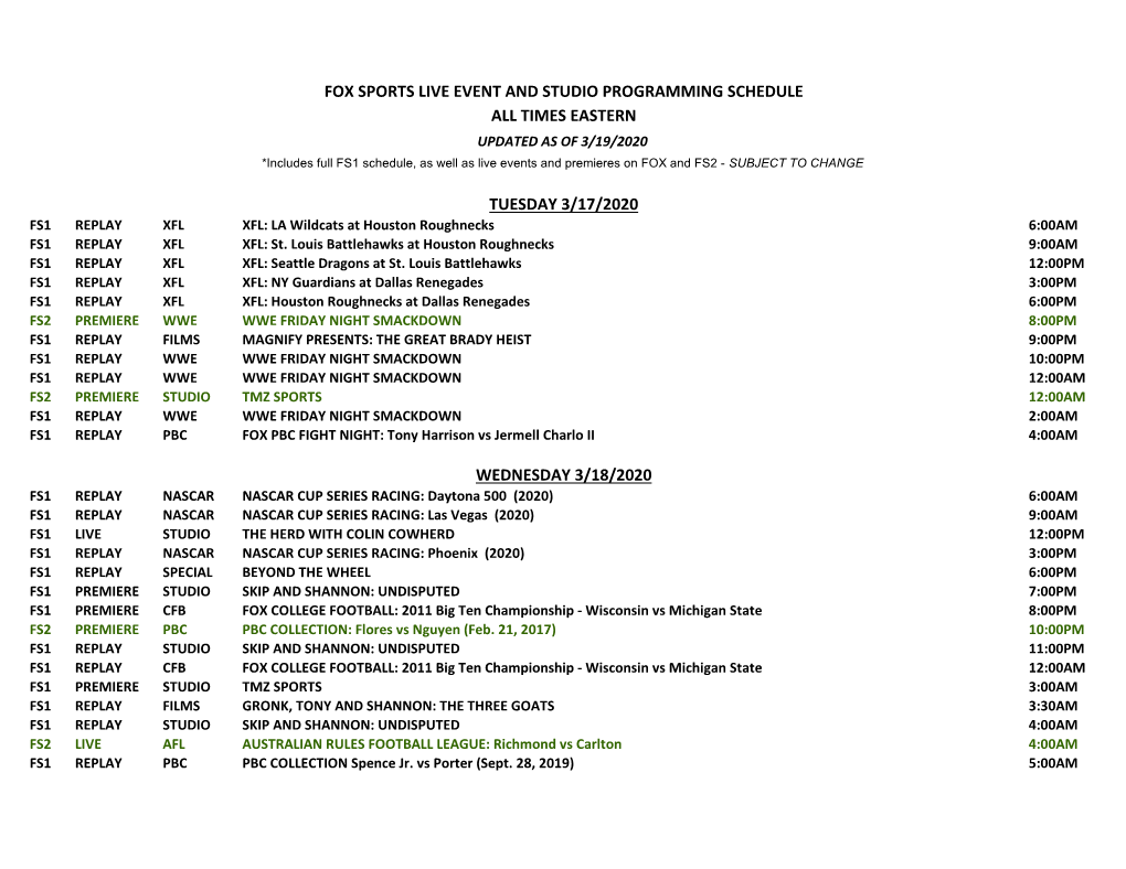 Fox Sports Live Event and Studio Programming Schedule All Times Eastern Tuesday 3/17/2020 Wednesday 3/18/2020