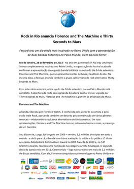 Rock in Rio Anuncia Florence and the Machine E Thirty Seconds to Mars
