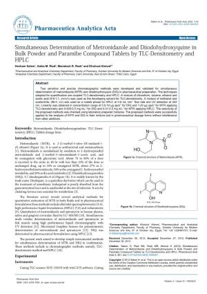 Simultaneous Determination of Metronidazole and Diiodohydroxyquine in Bulk Powder and Paramibe Compound Tablets by TLC-Densitometry and HPLC Hesham Salem1, Safaa M