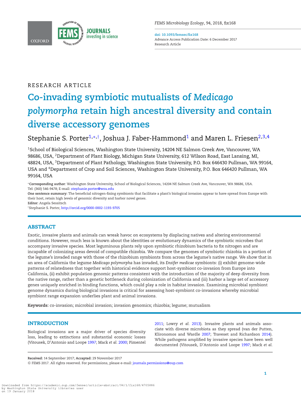 Co-Invading Symbiotic Mutualists of Medicago Polymorpha Retain High Ancestral Diversity and Contain Diverse Accessory Genomes Stephanie S