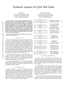 TECHNICAL ASPECTS of CYBER KILL CHAIN Software/Application Exploits with a Remote Access Tool As Described Cyber Kill Chain Deﬁnes the ﬂow of a Cyber (RAT)