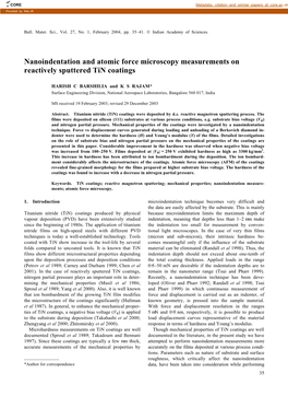 Nanoindentation and Atomic Force Microscopy Measurements on Reactively Sputtered Tin Coatings