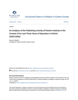 An Analysis of the Publishing Activity of Keston Institute in the Context of Its Last Three Years of Operation in Oxford (2003-2006)