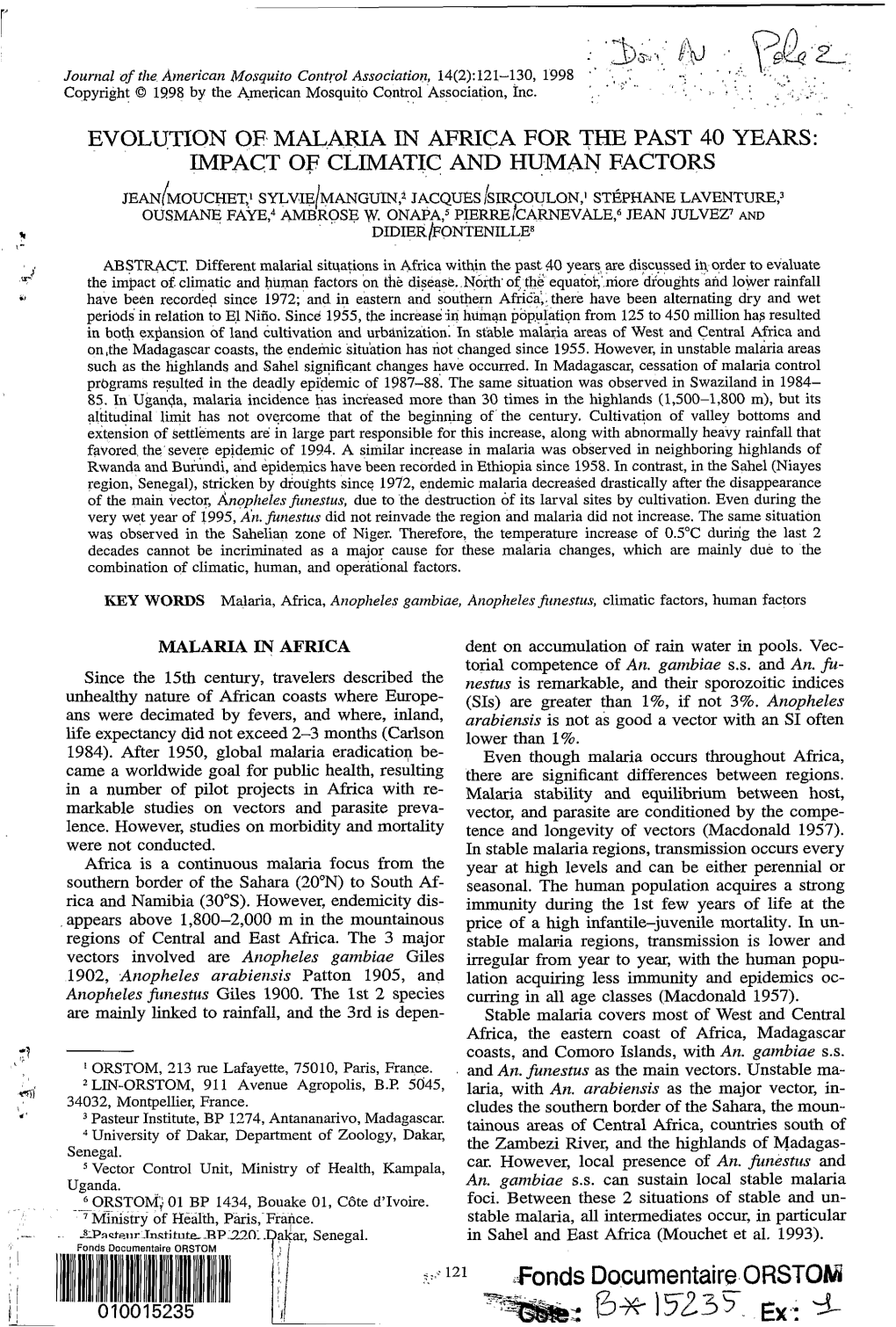 Evolution of Malaria in Africa for the Past 40 Years : Impact of Climatic