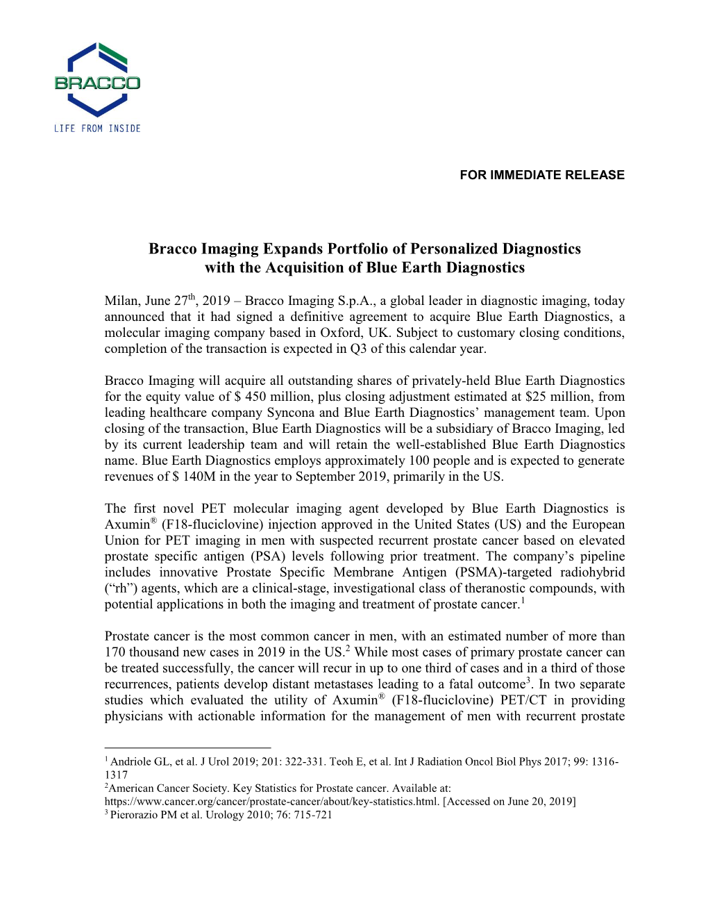 Bracco Imaging Expands Portfolio of Personalized Diagnostics with the Acquisition of Blue Earth Diagnostics