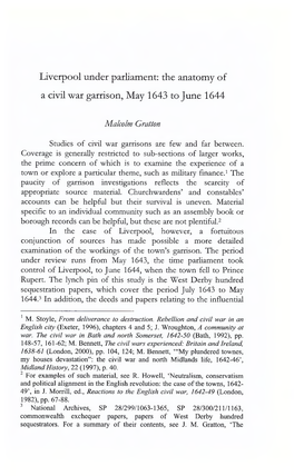 Liverpool Under Parliament: the Anatomy of a Civil War Garrison, May 1643 to June 1644