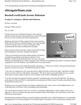 Chicago Tribune: Baseball World Lauds Jerome