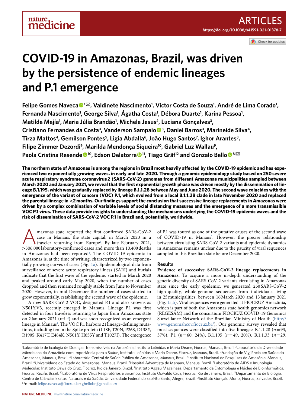 COVID-19 in Amazonas, Brazil, Was Driven by the Persistence of Endemic Lineages and P.1 Emergence