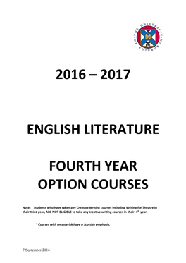 2016 – 2017 English Literature Fourth Year Option Courses