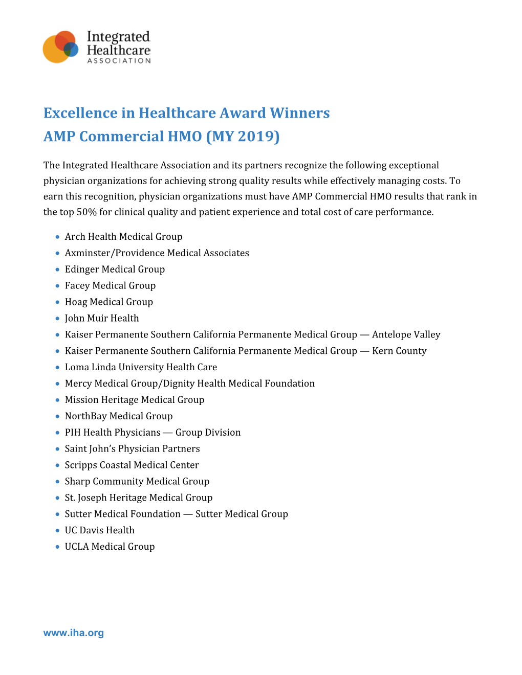 Excellence in Healthcare Award Winners AMP Commercial HMO (MY 2019)