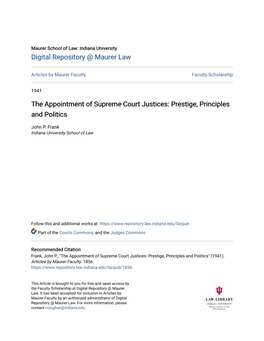 The Appointment of Supreme Court Justices: Prestige, Principles and Politics