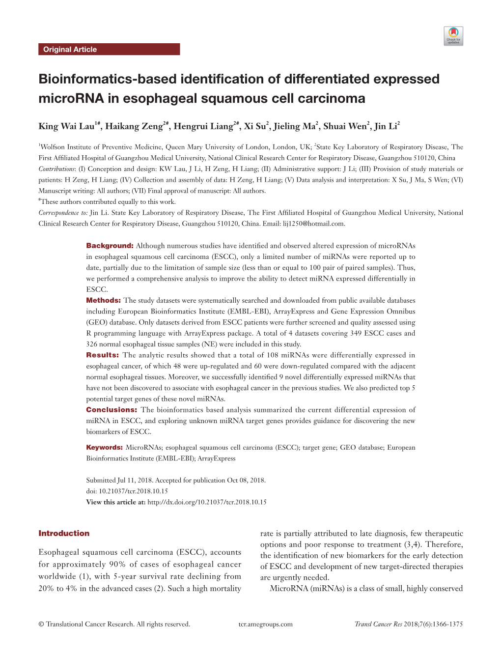 Bioinformatics-Based Identification of Differentiated Expressed Microrna in Esophageal Squamous Cell Carcinoma