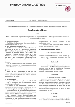 Supplementary Report Submitted by the Parliamentary Committee on Business, Growth and Exports on 7 June 2012 Supplementary Report