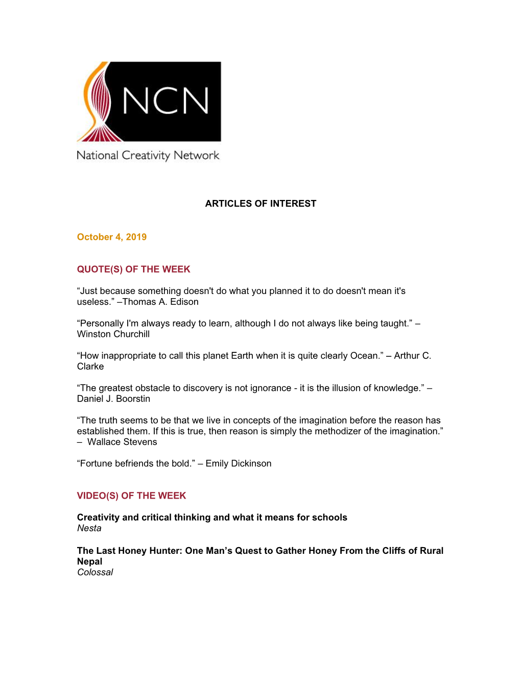 NCN Articles of Interest | October 4, 2019