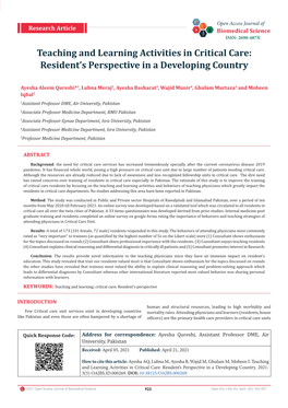 Teaching and Learning Activities in Critical Care: Resident’S Perspective in a Developing Country