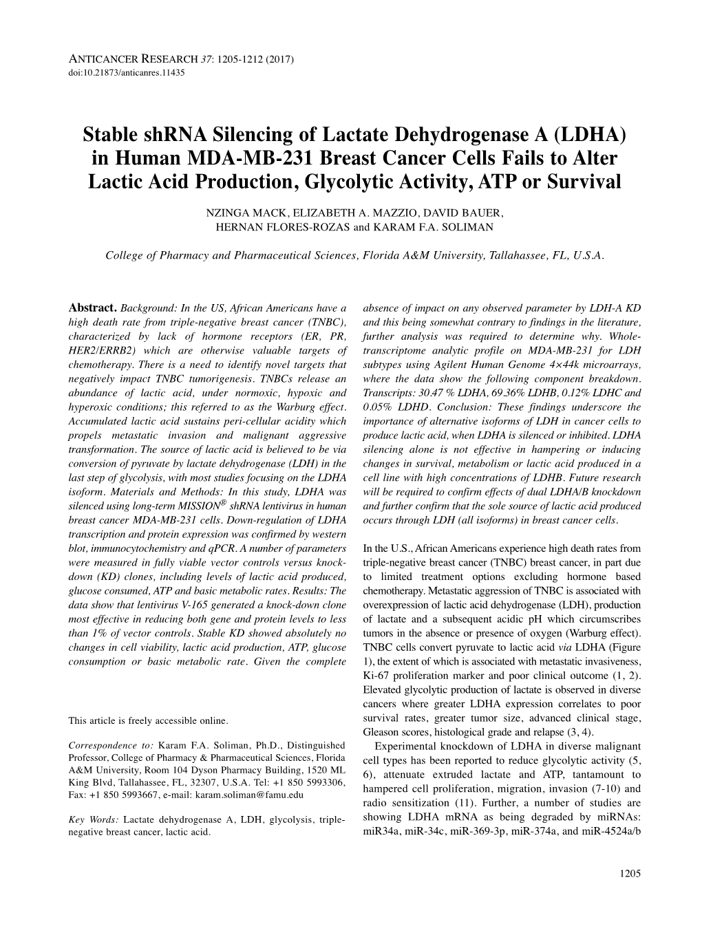 Stable Shrna Silencing of Lactate Dehydrogenase a (LDHA)