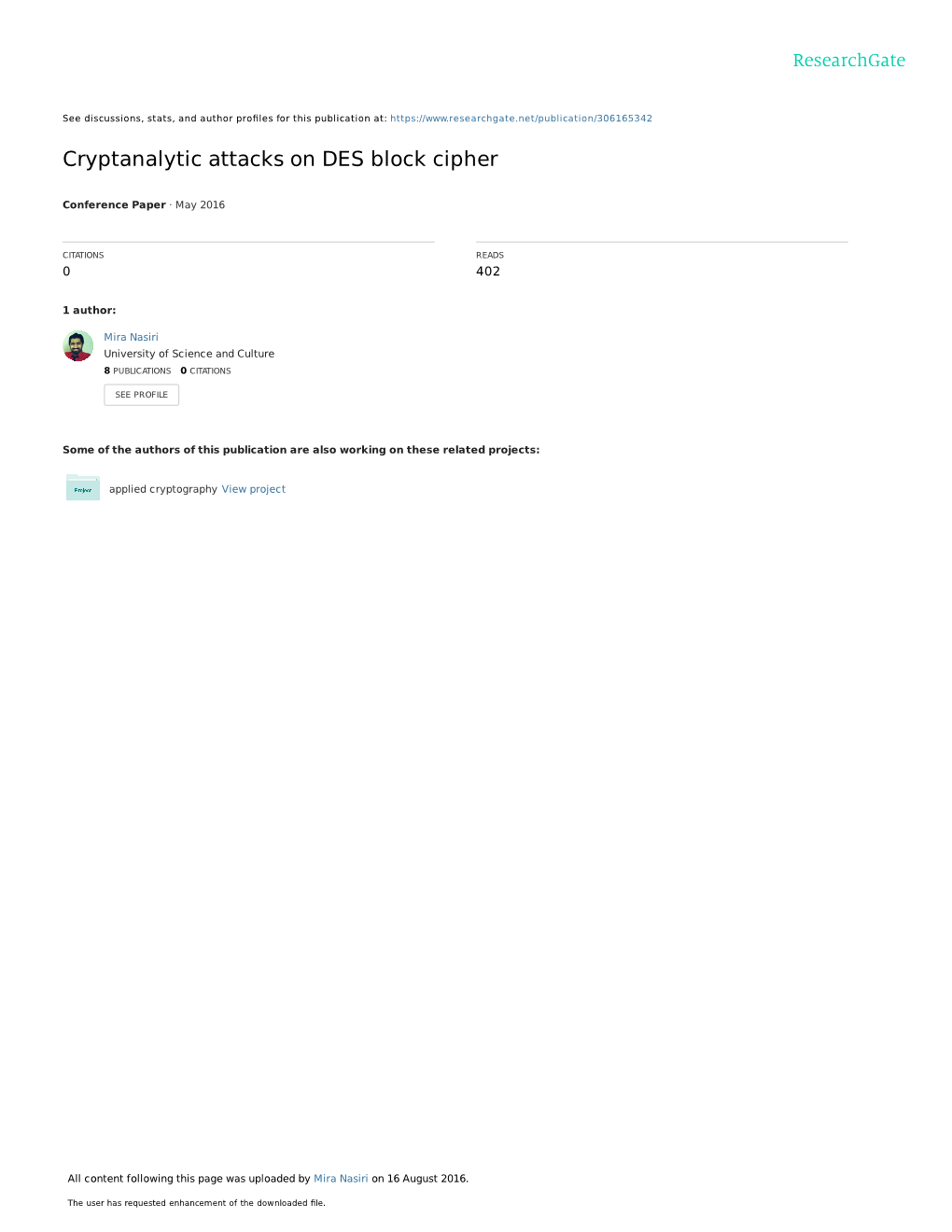 Cryptanalytic Attacks on DES Block Cipher