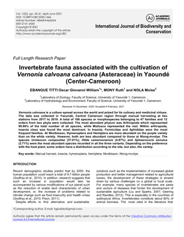 Invertebrate Fauna Associated with the Cultivation of Vernonia Calvoana Calvoana (Asteraceae) in Yaoundé (Center-Cameroon)