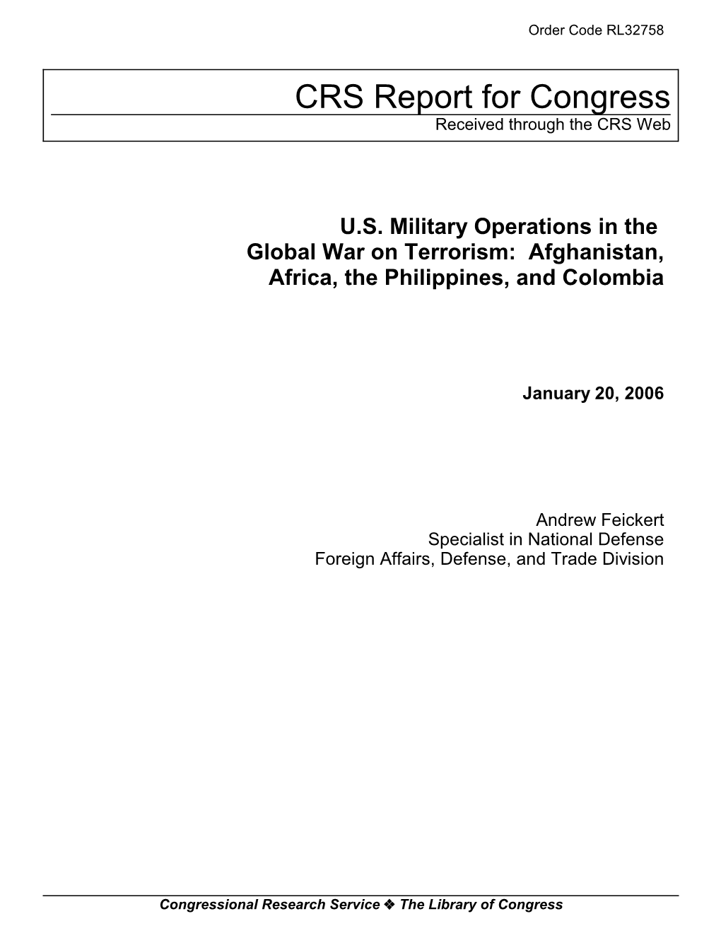 U.S. Military Operations in the Global War on Terrorism: Afghanistan, Africa, the Philippines, and Colombia
