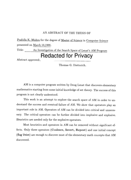 An Investigation of the Search Space of Lenat's AM Program Redacted for Privacy Abstract Approved: Thomas G