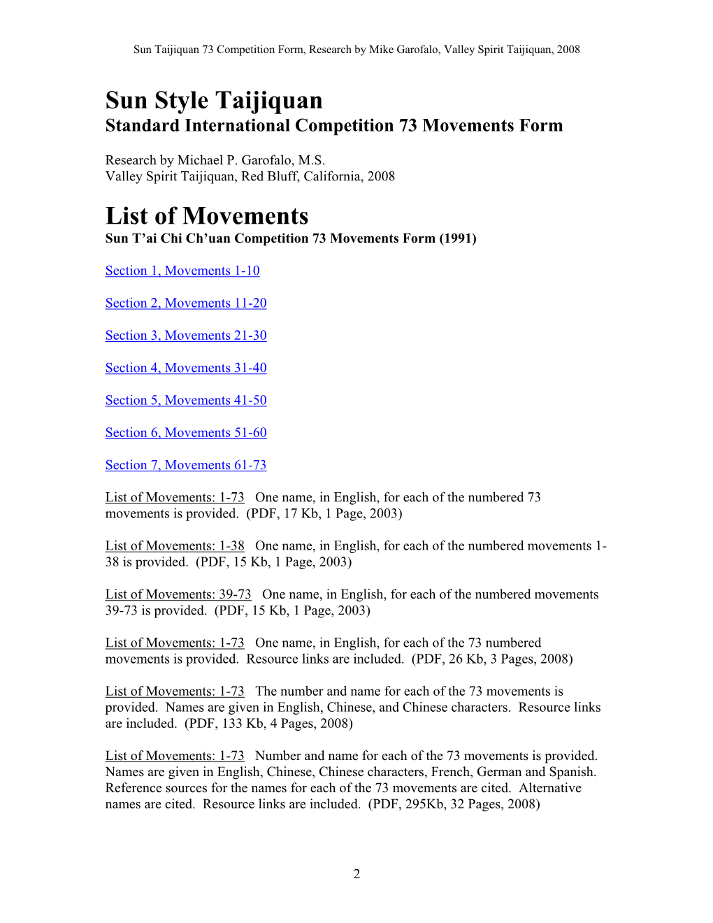 Sun Taijiquan Competition 73 Form, List of Movement Names