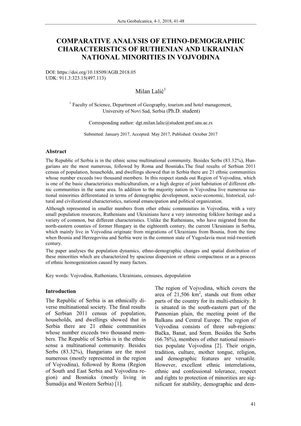 Comparative Analysis of Ethno-Demographic Characteristics of Ruthenian and Ukrainian National Minorities in Vojvodina