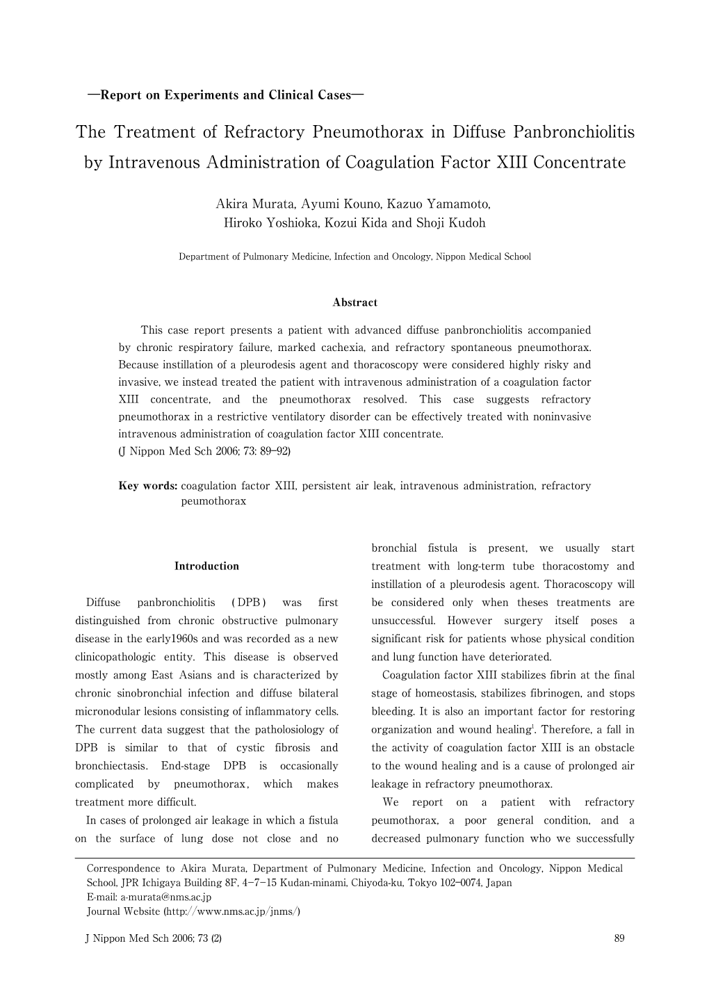 The Treatment of Refractory Pneumothorax in Diffuse Panbronchiolitis by Intravenous Administration of Coagulation Factor XIII Concentrate