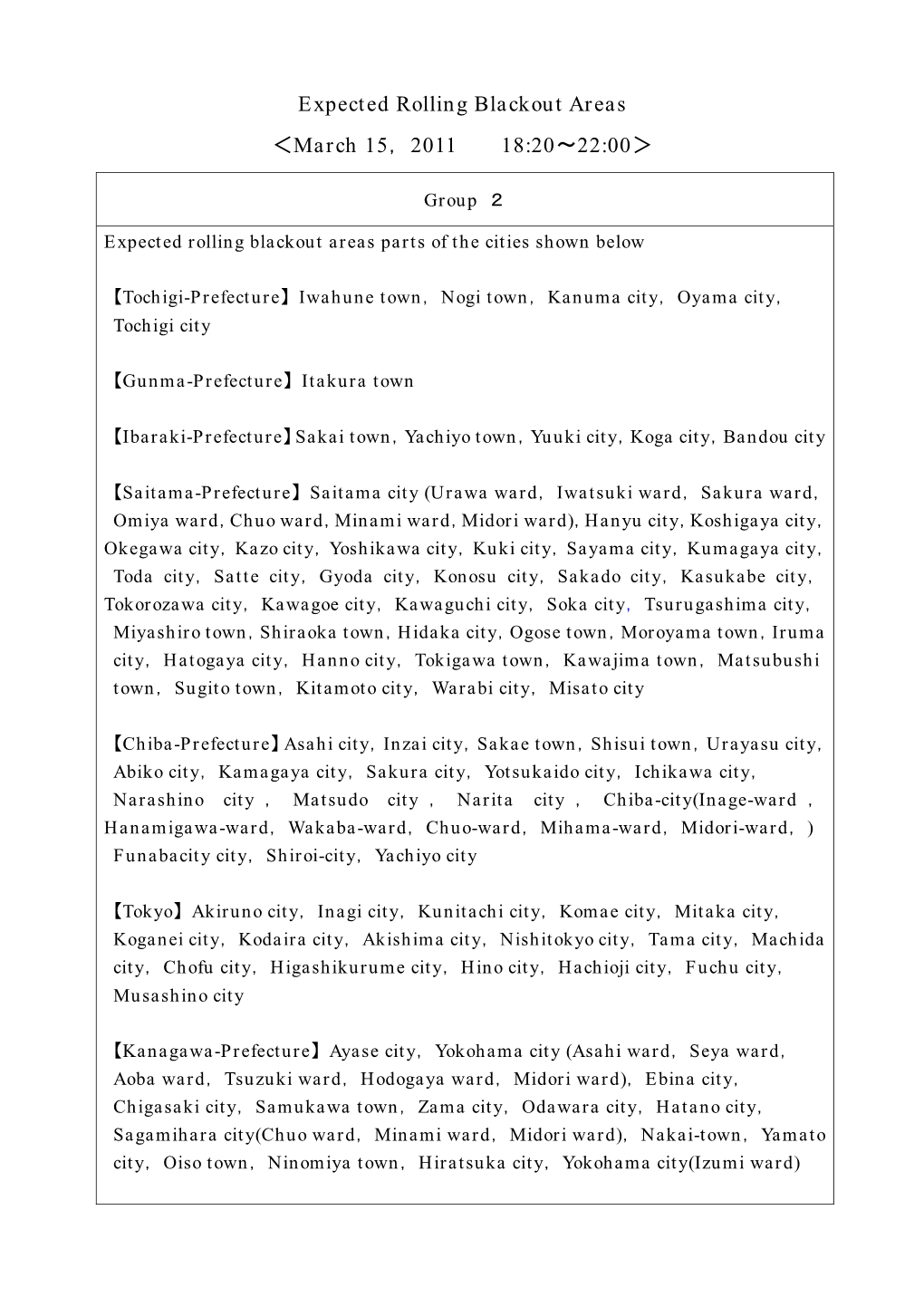 Expected Rolling Blackout Areas ＜March 15，2011 18:20∼22:00＞