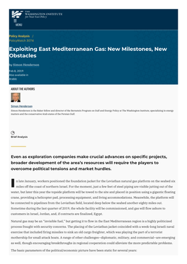Exploiting East Mediterranean Gas: New Milestones, New Obstacles by Simon Henderson