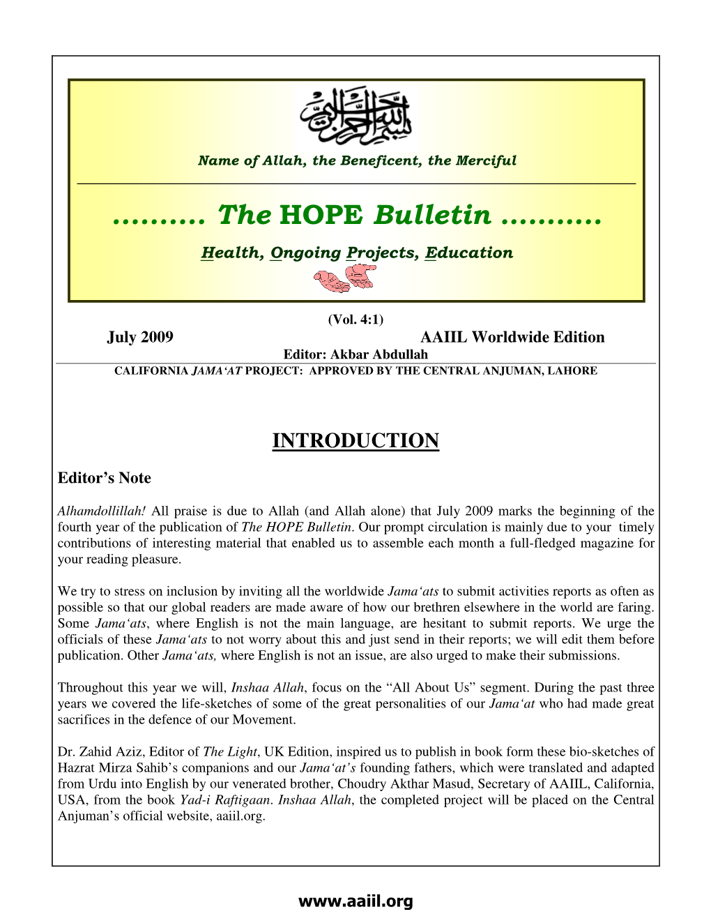 The HOPE Bulletin: July 2009 Bulletin —