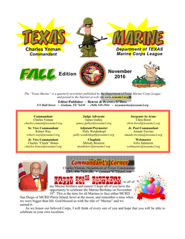 Texas Marine” Is a Quarterly Newsletter Published by the Department of Texas Marine Corps League and Posted to the Internet at Web Site