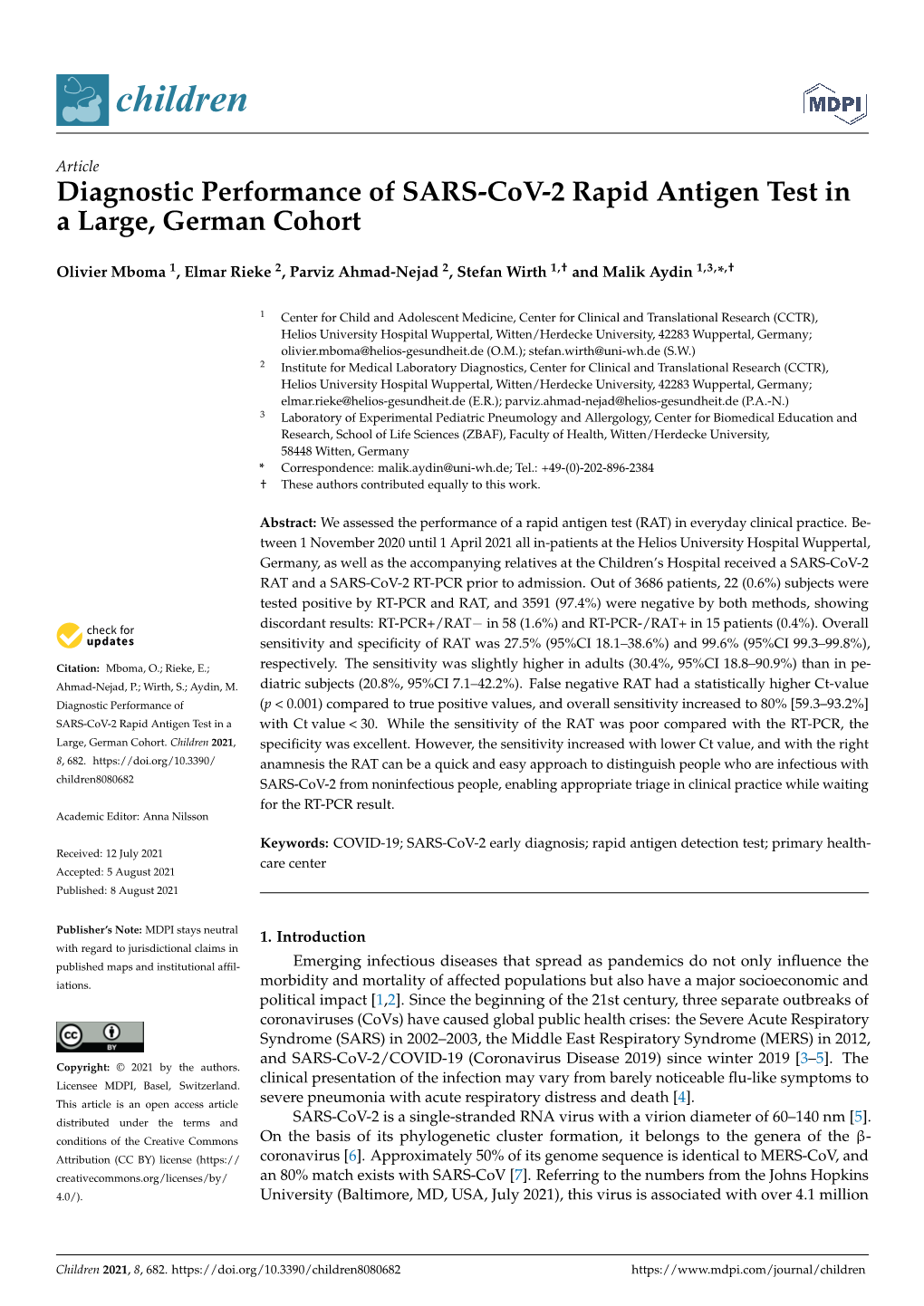 Diagnostic Performance of SARS-Cov-2 Rapid Antigen Test in a Large, German Cohort