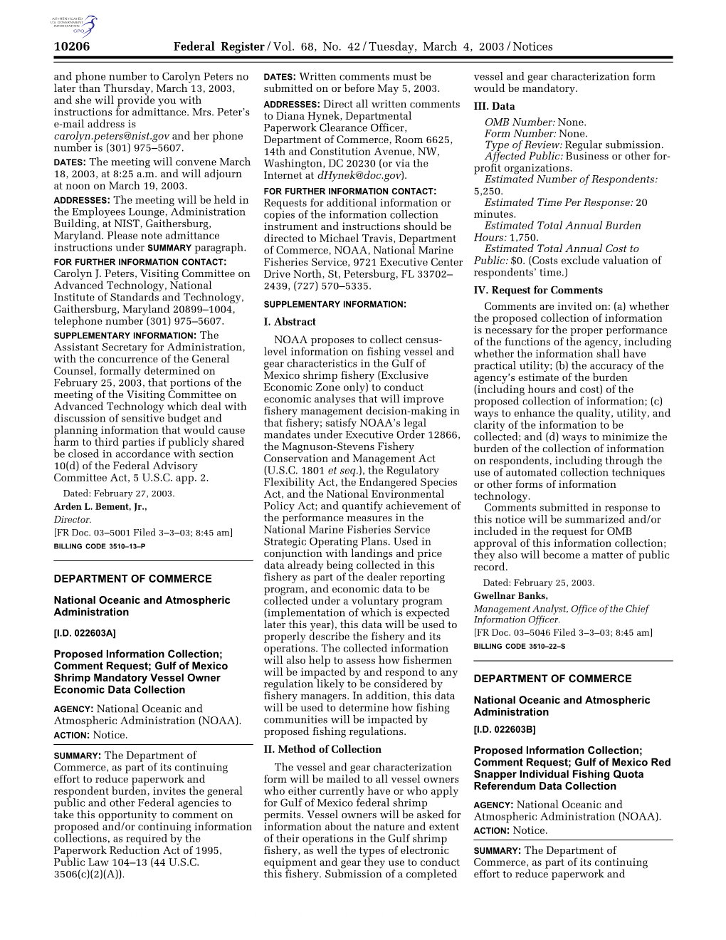 Federal Register/Vol. 68, No. 42/Tuesday, March 4, 2003/Notices