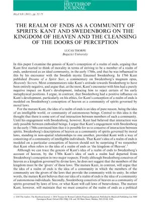 The Realm of Ends As a Community of Spirits: Kant and Swedenborg on the Kingdom of Heaven and the Cleansing of the Doors of Perception