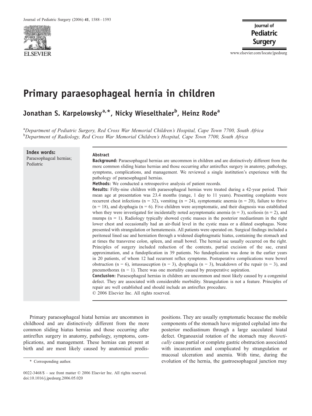 Primary Paraesophageal Hernia in Children