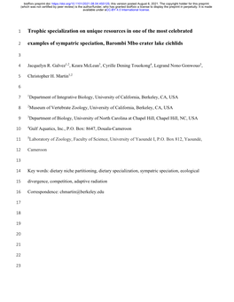 Trophic Specialization on Unique Resources in One of the Most Celebrated Examples of Sympatric Speciation, Barombi Mbo Crater La