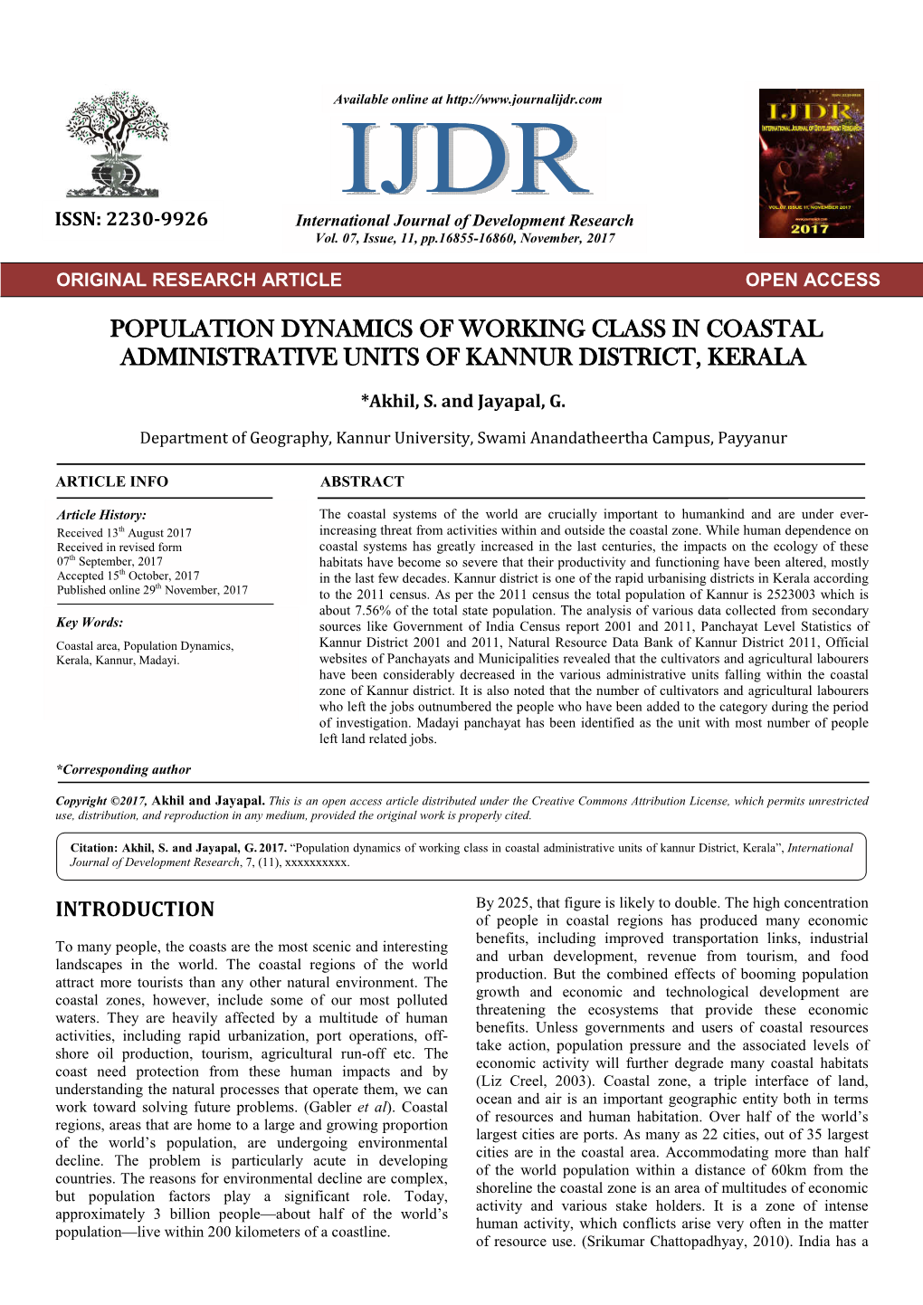 Population Dynamics of Working Class in Coastal Administrative Units of Kannur District, Kerala