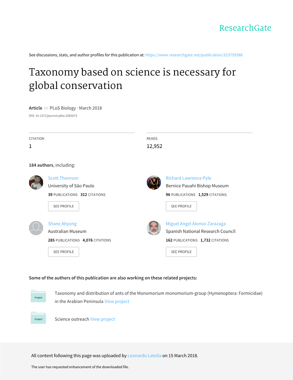 Taxonomy Based on Science Is Necessary for Global Conservation