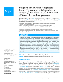 Longevity and Survival of Leptocybe Invasa (Hymenoptera: Eulophidae), an Invasive Gall Inducer on Eucalyptus, with Different Diets and Temperatures