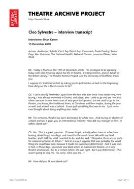 Theatre Archive Project: Interview with Cleo Sylvestre