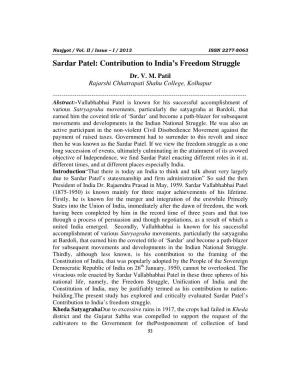 Sardar Patel: Contribution to India’S Freedom Struggle Dr