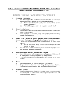 INITIAL CHECKLIST for DRAFTING PRENUPTIAL/PREMARITAL AGREEMENT (What to Consider and What Information We Need)