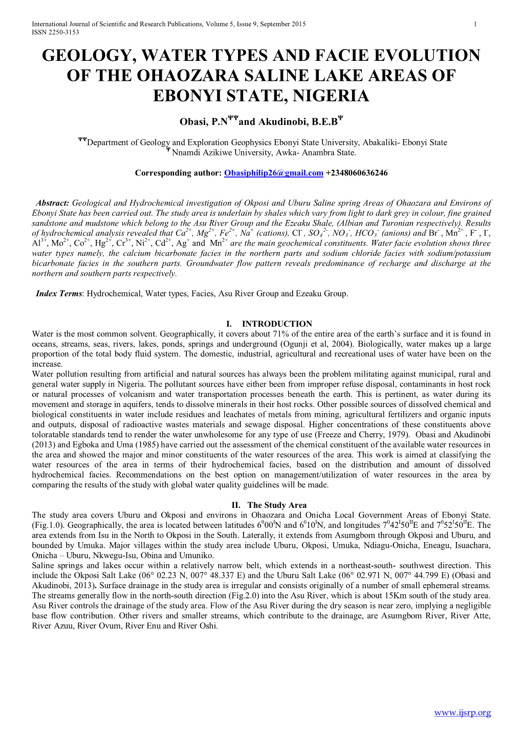 Geology, Water Types and Facie Evolution of the Ohaozara Saline Lake Areas of Ebonyi State, Nigeria