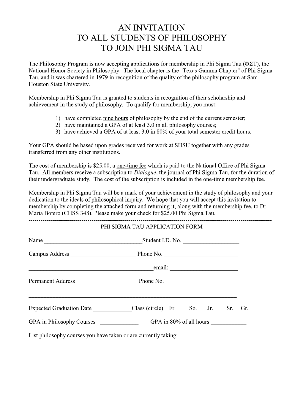 An Invitation to All Students of Philosophy to Join Phi Sigma Tau