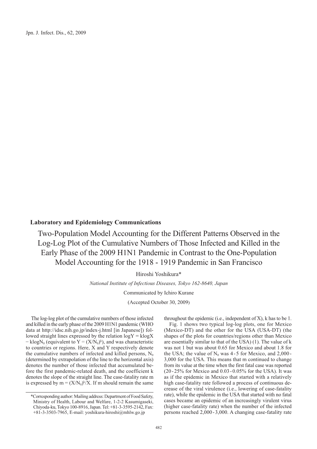 Two-Population Model Accounting for the Different Patterns Observed in the Log-Log Plot of the Cumulative Numbers of Those Infec