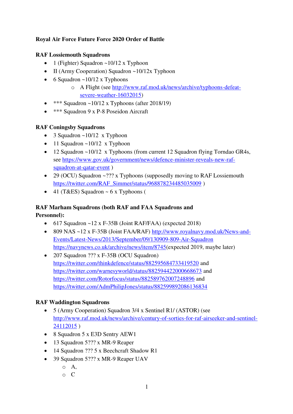 1 Royal Air Force Future Force 2020 Order of Battle RAF Lossiemouth