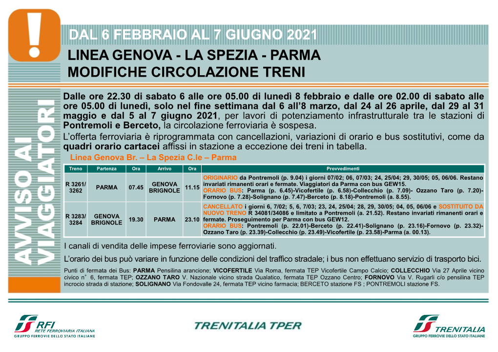 Dal 6 Febbraio Al 7 Giugno 2021 Linea Genova - La Spezia - Parma Modifiche Circolazione Treni