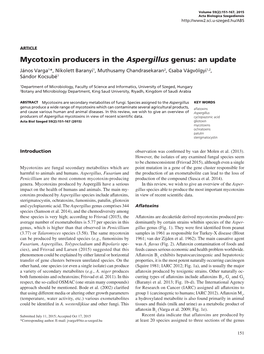 Mycotoxin Producers in the Aspergillus Genus: an Update János Varga1*, Nikolett Baranyi1, Muthusamy Chandrasekaran2, Csaba Vágvölgyi1,2, Sándor Kocsubé1